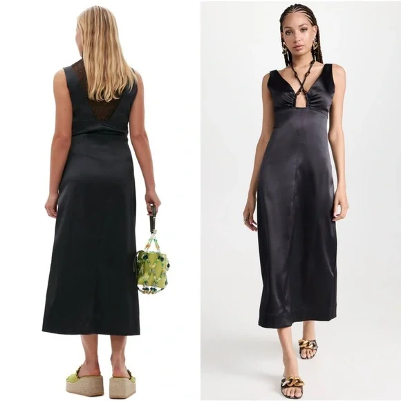 GANNI Satin Beaded Crisscross Halter Tie V-Neck Empire Waist Sleeveless Dress S - Picture 5 of 14